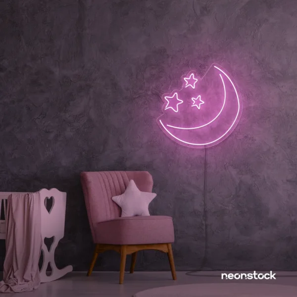 Moon and star neon sign in baby pink for nurseries, kids' rooms, and dreamy night light decor.