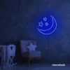 Moon and star neon sign in dark blue for nurseries, kids' rooms, and dreamy night light decor.