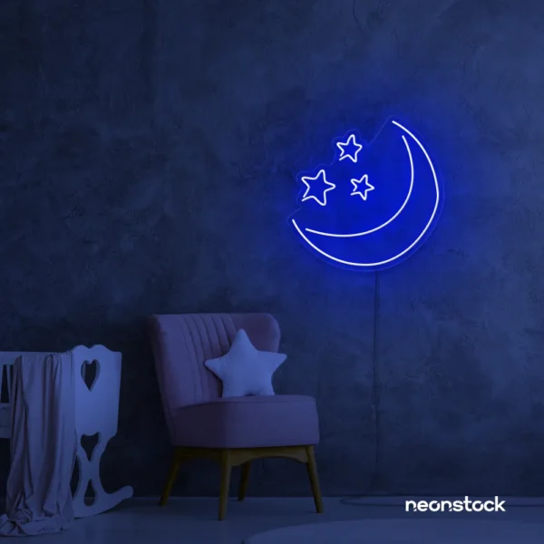Moon and star neon sign in dark blue for nurseries, kids' rooms, and dreamy night light decor.