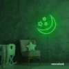 Moon and star neon sign in deep green for nurseries, kids' rooms, and dreamy night light decor.