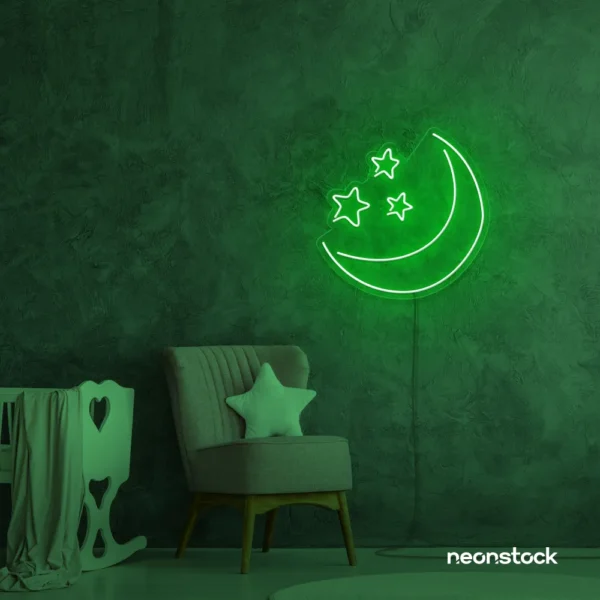 Moon and star neon sign in deep green for nurseries, kids' rooms, and dreamy night light decor.