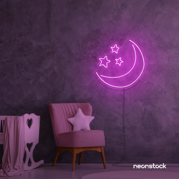 Moon and star neon sign in pink for nurseries, kids' rooms, and dreamy night light decor.