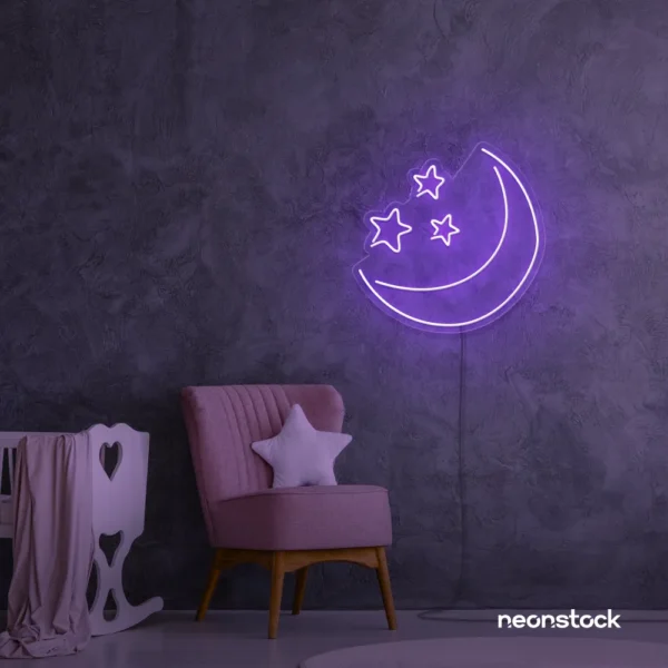 Moon and star neon sign in purple for nurseries, kids' rooms, and dreamy night light decor.