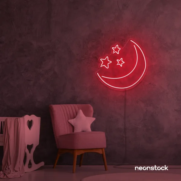 Moon and star neon sign in red for nurseries, kids' rooms, and dreamy night light decor.