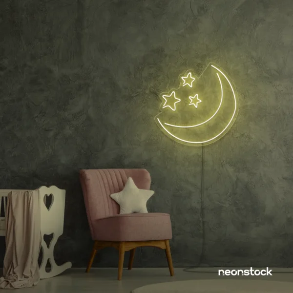 Moon and star neon sign in warm white for nurseries, kids' rooms, and dreamy night light decor.