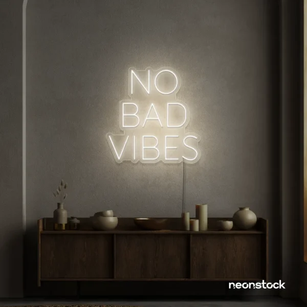 No Bad Vibes neon sign in neutral white for dorm walls, man caves, and modern mood-boosting decor.