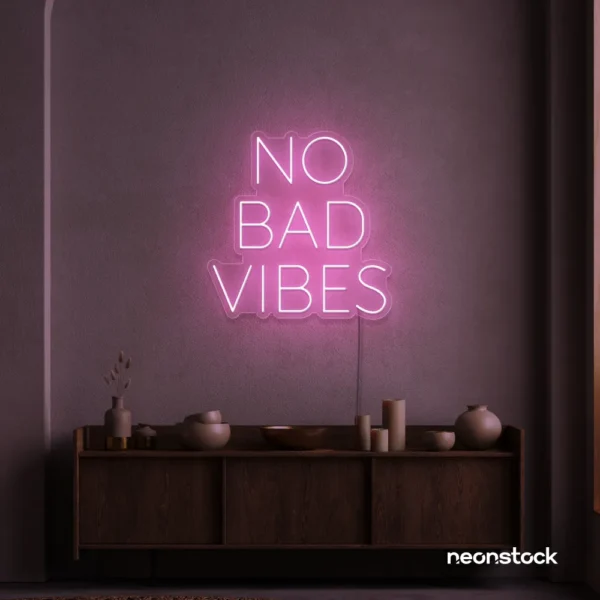 No Bad Vibes neon sign in baby pink for dorm walls, man caves, and modern mood-boosting decor.