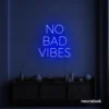 No Bad Vibes neon sign in dark blue for dorm walls, man caves, and modern mood-boosting decor.