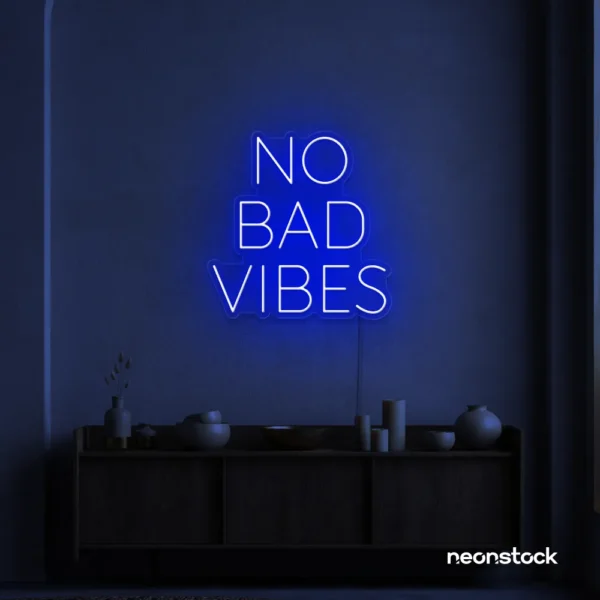 No Bad Vibes neon sign in dark blue for dorm walls, man caves, and modern mood-boosting decor.