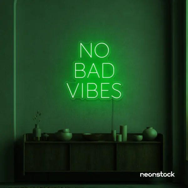 No Bad Vibes neon sign in deep green for dorm walls, man caves, and modern mood-boosting decor.