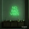 No Bad Vibes neon sign in green for dorm walls, man caves, and modern mood-boosting decor.