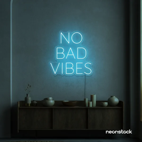 No Bad Vibes neon sign in ice blue for dorm walls, man caves, and modern mood-boosting decor.