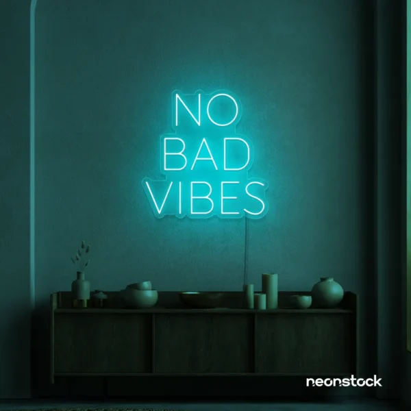 No Bad Vibes neon sign in mint green for dorm walls, man caves, and modern mood-boosting decor.