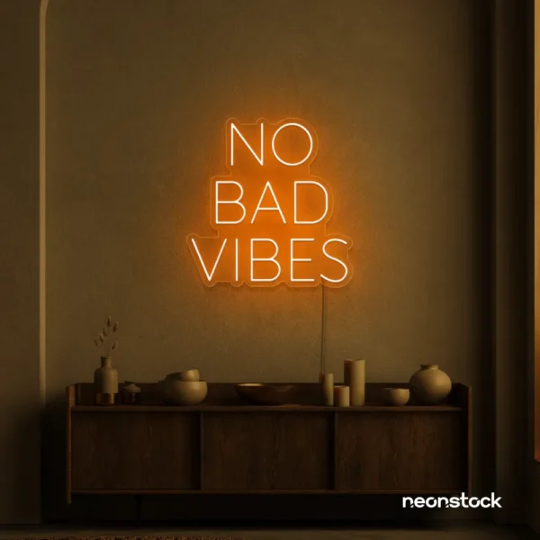 No Bad Vibes neon sign in orange for dorm walls, man caves, and modern mood-boosting decor.