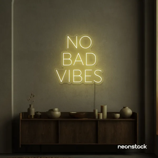 No Bad Vibes neon sign in warm white for dorm walls, man caves, and modern mood-boosting decor.