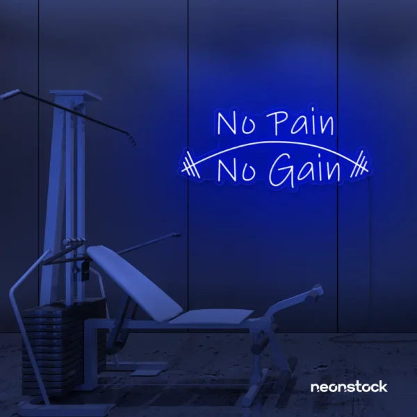 No Pain No Gain neon sign in dark blue for gym walls, fitness studios, and motivational workout decor.
