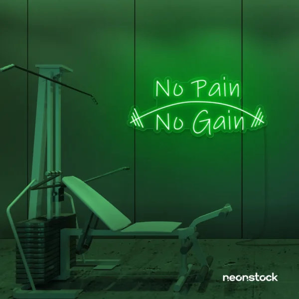 No Pain No Gain neon sign in deep green for gym walls, fitness studios, and motivational workout decor.
