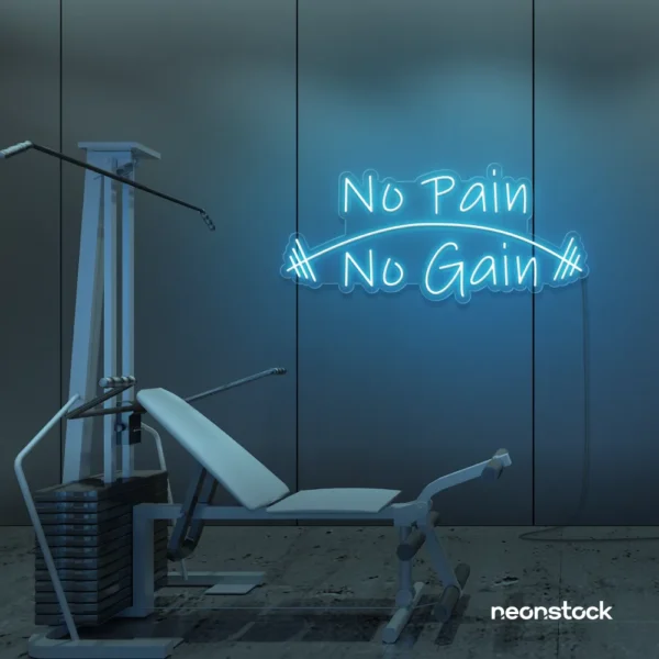 No Pain No Gain neon sign in ice blue for gym walls, fitness studios, and motivational workout decor.