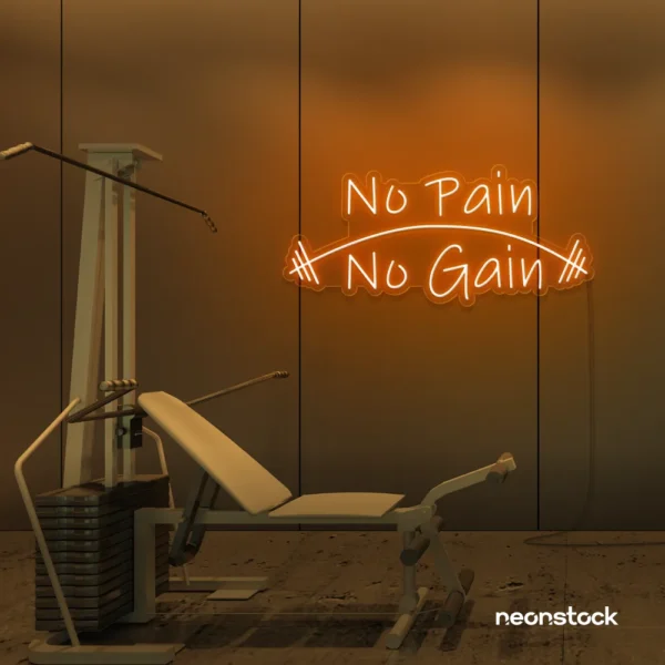 No Pain No Gain neon sign in orange for gym walls, fitness studios, and motivational workout decor.