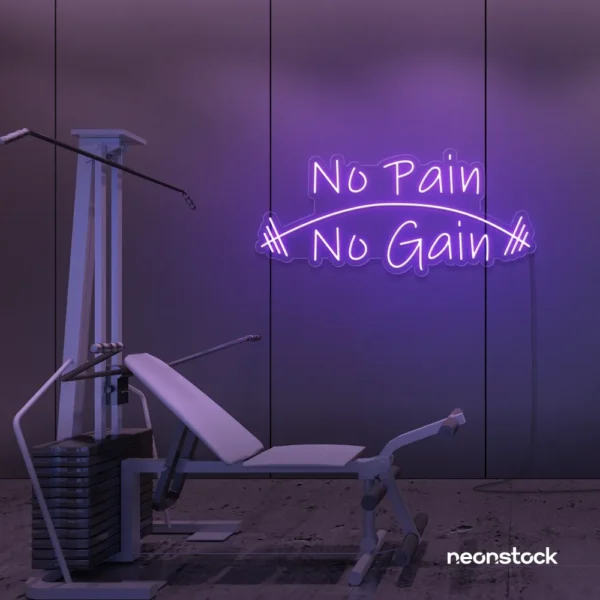 No Pain No Gain neon sign in purple for gym walls, fitness studios, and motivational workout decor.