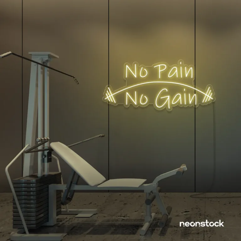No Pain No Gain neon sign in warm white for gym walls, fitness studios, and motivational workout decor.