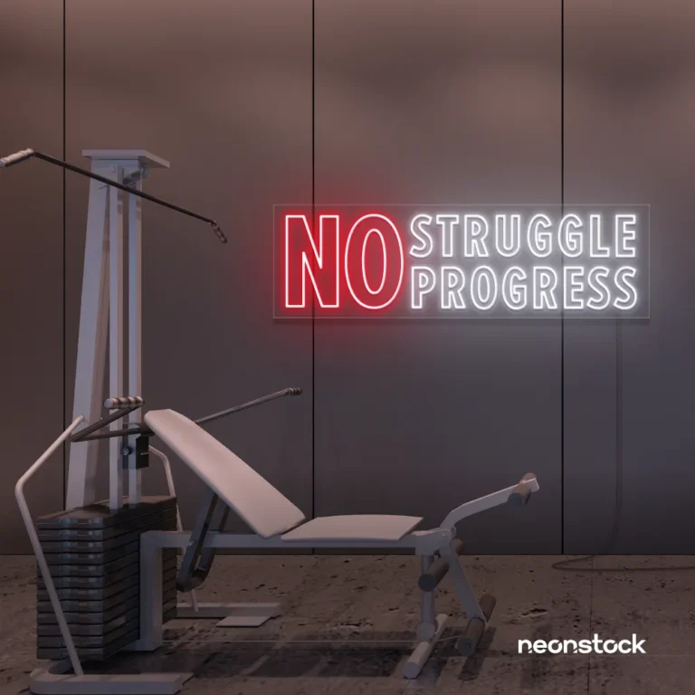 No Struggle No Progress neon sign in 5 for gym motivation, hustle wall decor, and fitness inspiration.
