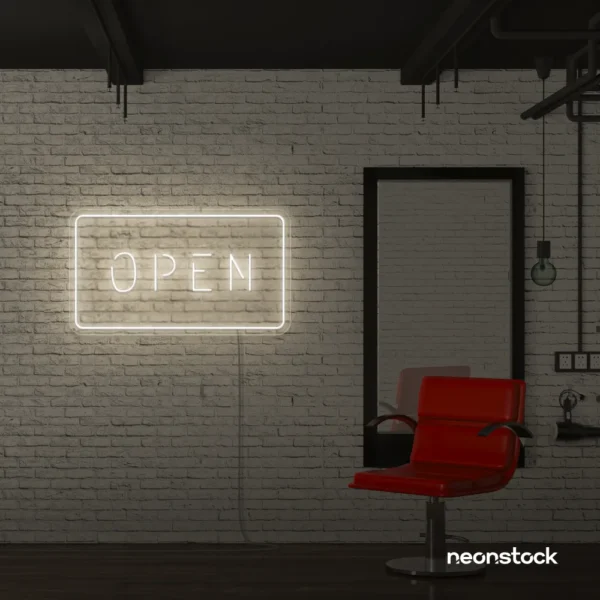 Open neon sign in neutral white for storefronts, salons, restaurants, and retail displays.