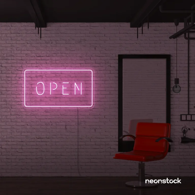 Open neon sign in baby pink for storefronts, salons, restaurants, and retail displays.