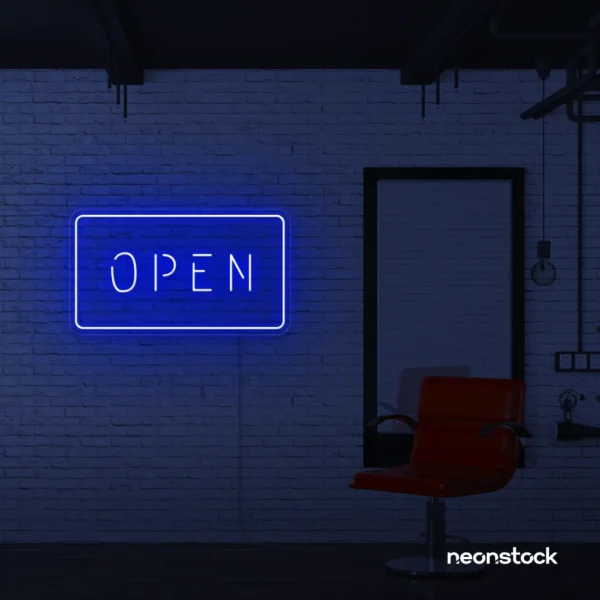 Open neon sign in dark blue for storefronts, salons, restaurants, and retail displays.