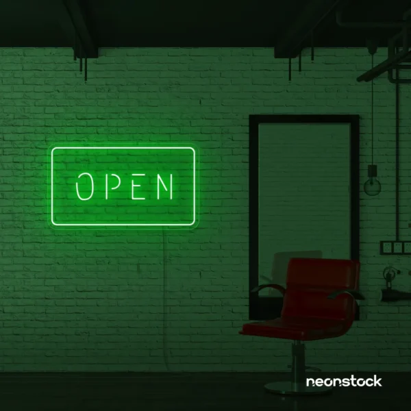Open neon sign in deep green for storefronts, salons, restaurants, and retail displays.