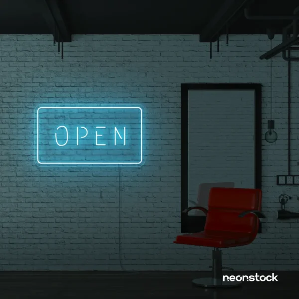 Open neon sign in ice blue for storefronts, salons, restaurants, and retail displays.
