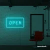 Open neon sign in mint green for storefronts, salons, restaurants, and retail displays.