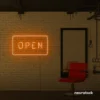 Open neon sign in orange for storefronts, salons, restaurants, and retail displays.
