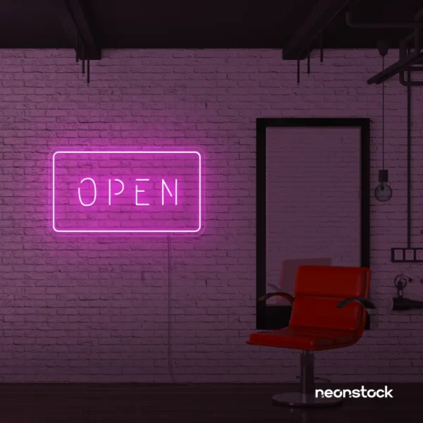 Open neon sign in pink for storefronts, salons, restaurants, and retail displays.