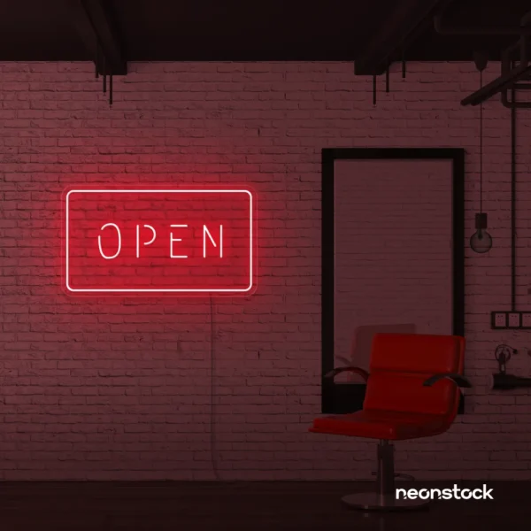 Open neon sign in red for storefronts, salons, restaurants, and retail displays.