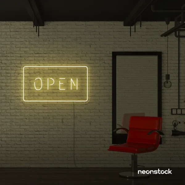 Open neon sign in warm white for storefronts, salons, restaurants, and retail displays.