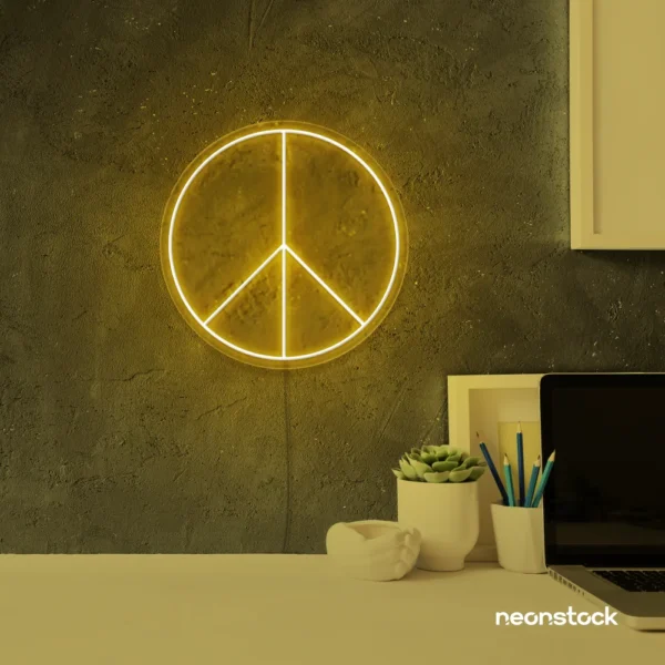 Peace neon sign in golden yellow for wall art and home decor