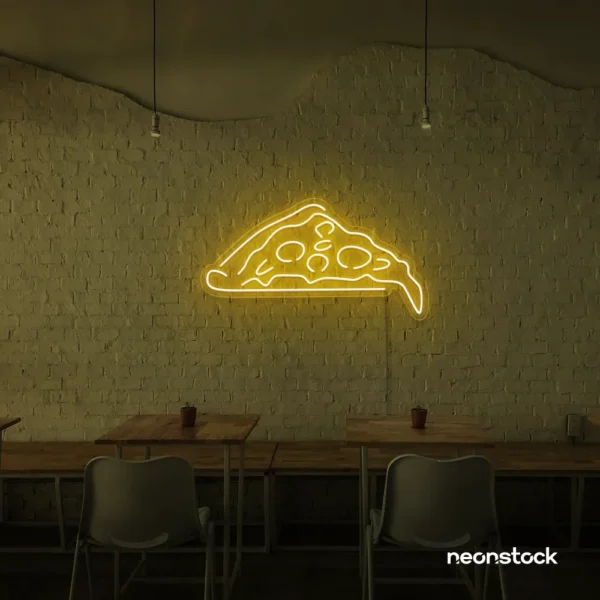 Pizza slice neon sign in golden yellow for pizzerias, fast food joints, and restaurant wall decor.