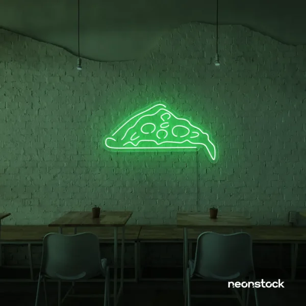 Pizza slice neon sign in green for pizzerias, fast food joints, and restaurant wall decor.