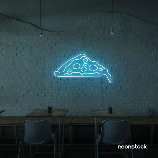 Pizza slice neon sign in ice blue for pizzerias, fast food joints, and restaurant wall decor.