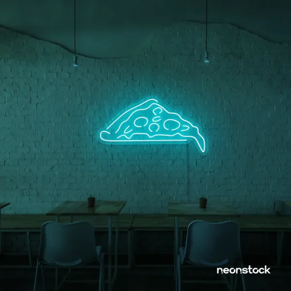 Pizza slice neon sign in mint green for pizzerias, fast food joints, and restaurant wall decor.