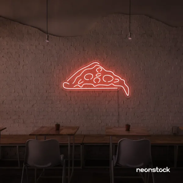 Pizza slice neon sign in peachy pink for pizzerias, fast food joints, and restaurant wall decor.