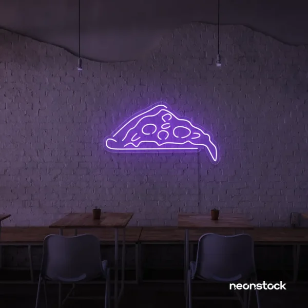 Pizza slice neon sign in purple for pizzerias, fast food joints, and restaurant wall decor.