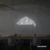 Pizza slice neon sign in white for pizzerias, fast food joints, and restaurant wall decor.
