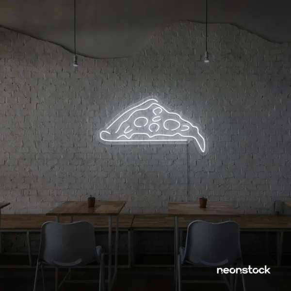 Pizza slice neon sign in white for pizzerias, fast food joints, and restaurant wall decor.