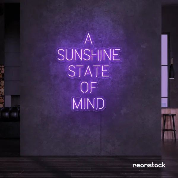 A Sunshine State of Mind neon sign in purple for beachy decor, positive vibes, and cozy spaces.