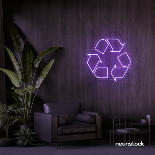 Reuse Recycle neon sign in purple for eco-conscious decor, sustainable spaces, and green-themed rooms