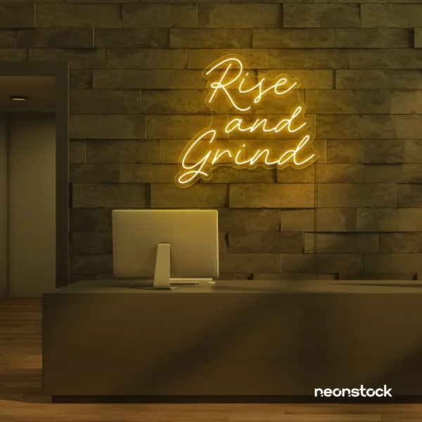 Rise and Grind neon sign in golden yellow for gym walls, hustle rooms, and motivational office decor.