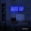 Rise Up neon sign in dark blue for gyms, empowerment decor, and motivational spaces.