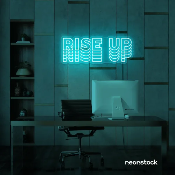 Rise Up neon sign in mint green for gyms, empowerment decor, and motivational spaces.